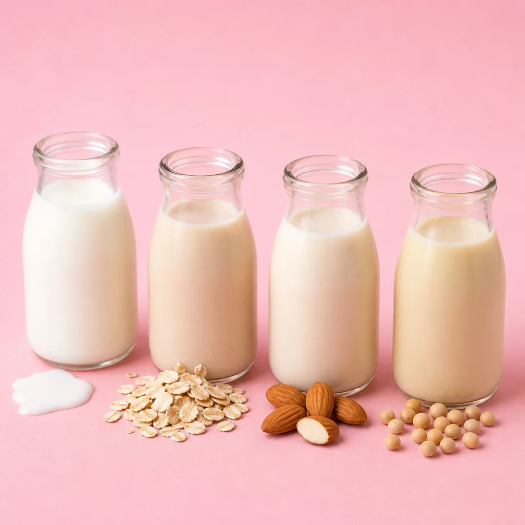 Lait entier, lait d'avoine, lait d'amande et lait de soja